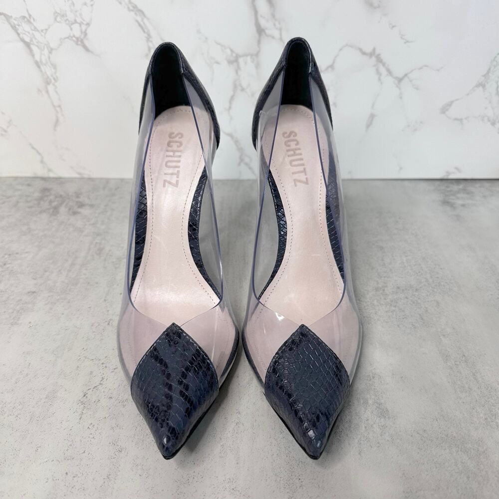 SCHUTZ Snake Print Heels WMNS US Sz 6B High Pumps Black/Transparent Pointed Toe